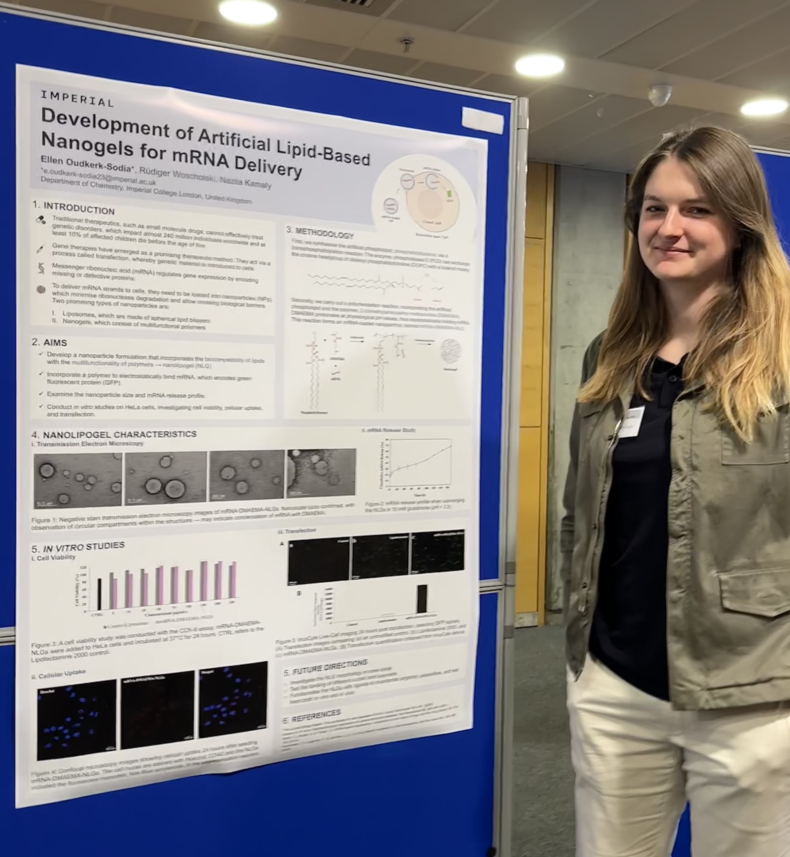 Ellen presenting her nanogel research poster at the Imperial Drug Student Research Network Conference